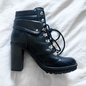 G by Guess Lace Up Ankle Combat Booties with High Heel in Black Womens Boots